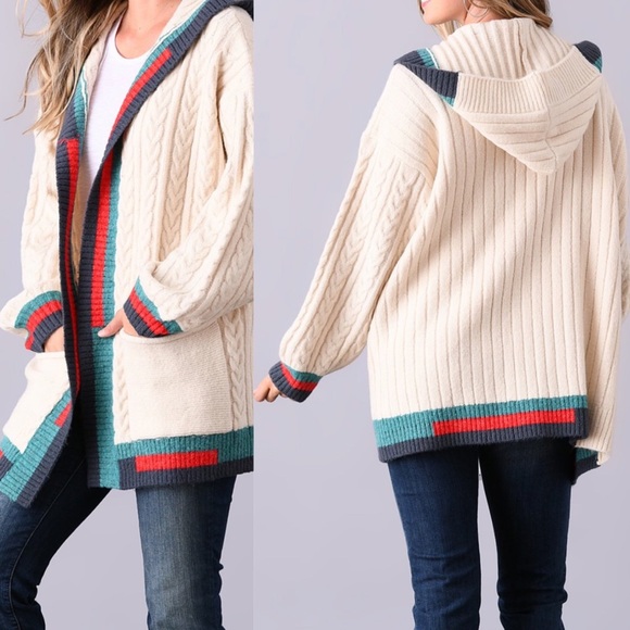 Beige Contrast Cable Knit Cardigan - Picture 3 of 4